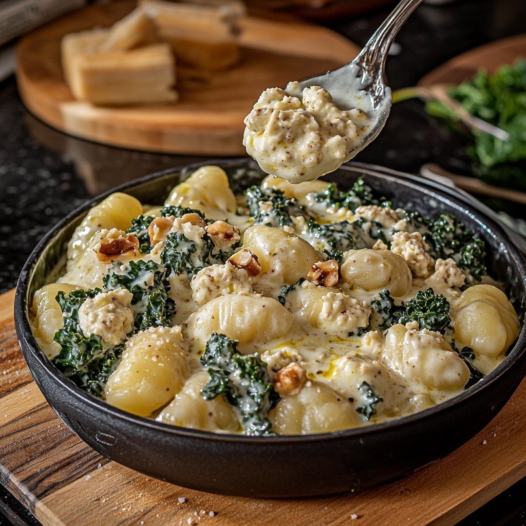 Grünkohl vegetarisch mit Gnocchi, Mascarpone, Gorgonzola und Walnüssen